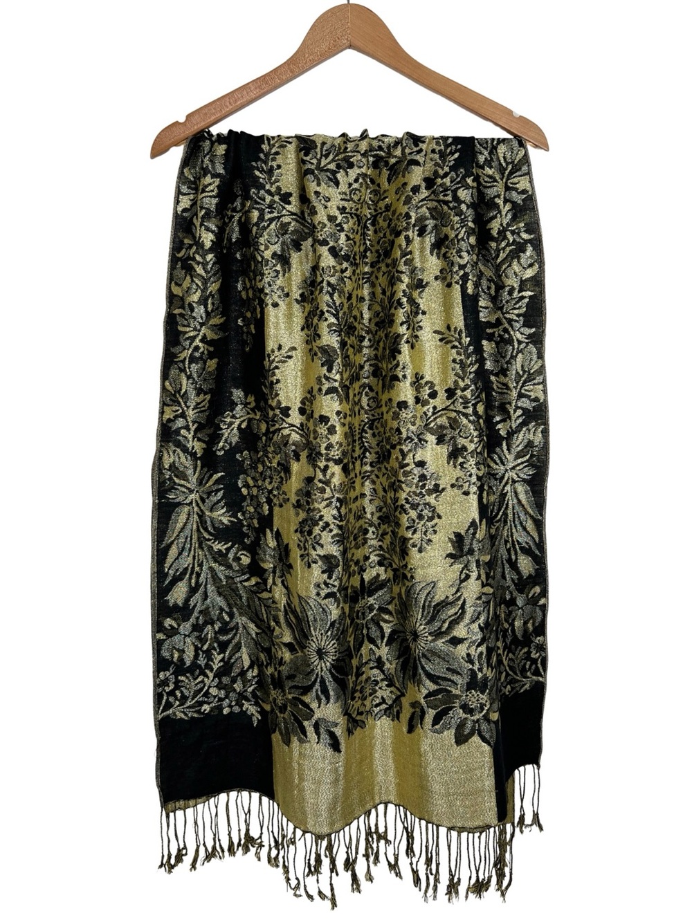 Pashmina Silk Scarf Wrap Shawl Reversible Boho Fringe Luxury Black Gold Metallic